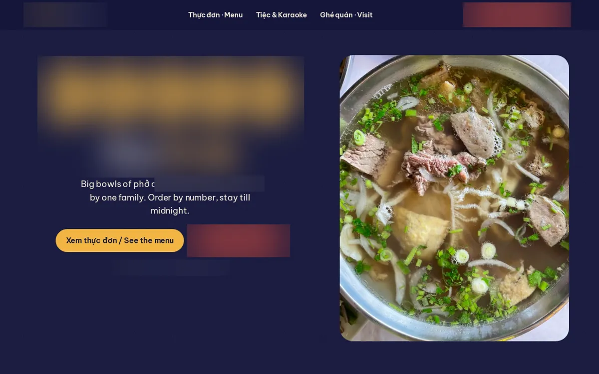 Demo restaurant site: a big pho bowl next to the menu and call buttons.