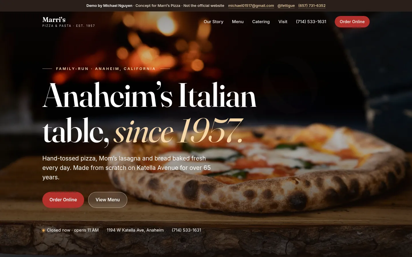 Concept redesign of the Marri’s Pizza & Pasta homepage on desktop: a dark, photo-led hero reading “Anaheim’s Italian table, since 1957.”
