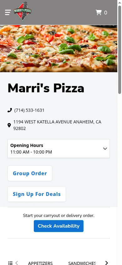 The older marrispizzaorder.com ordering site on a phone, still live.