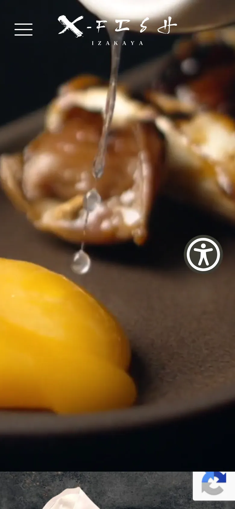 The current xfishizakaya.com homepage on a phone: a full-screen food video under the X Fish logo.