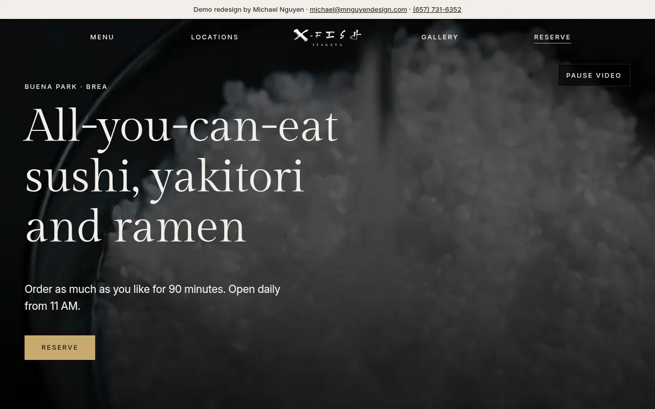 Concept redesign of the X Fish Izakaya homepage on desktop: a dark hero with the centered X Fish logo and the headline “All-you-can-eat sushi, yakitori and ramen.”