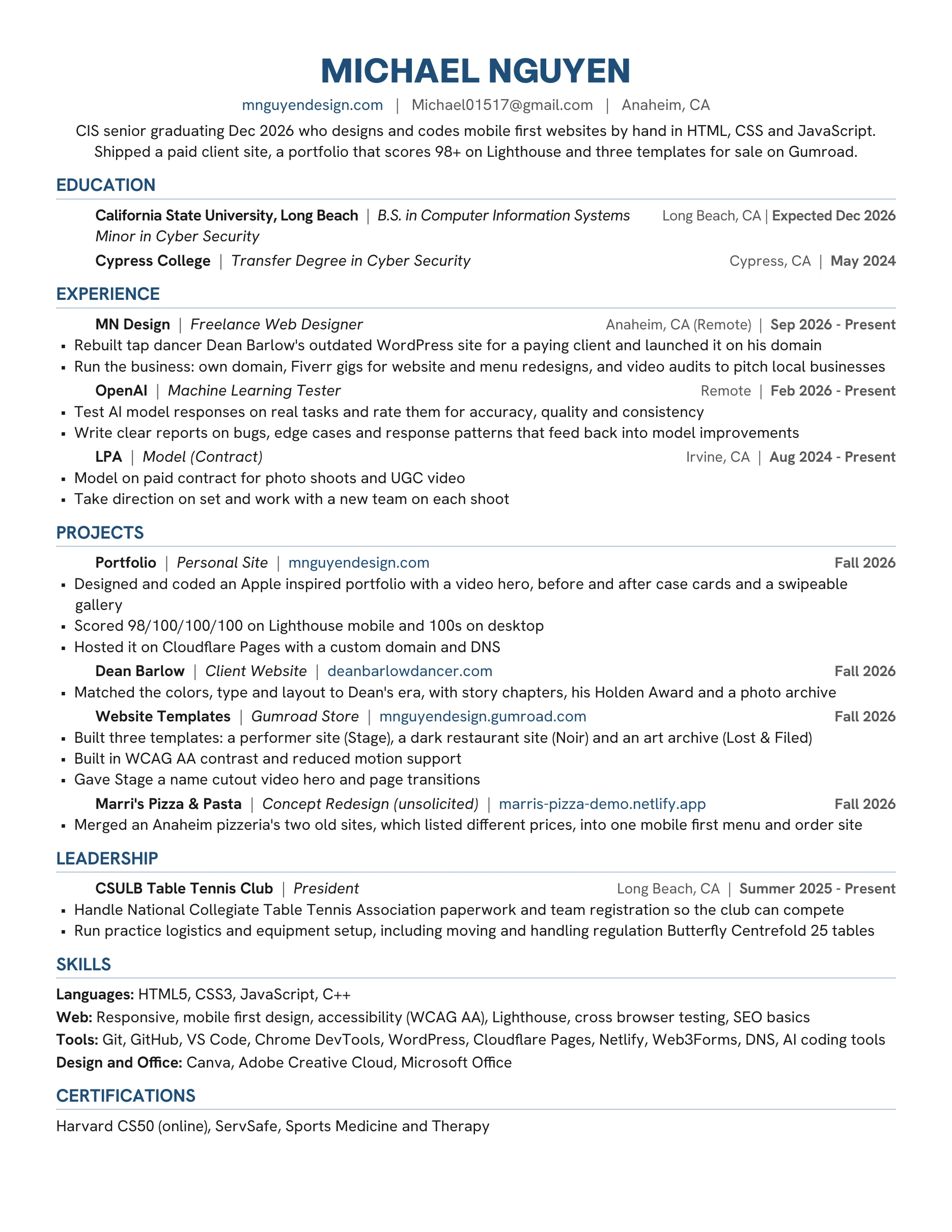 Michael Nguyen resume, one page